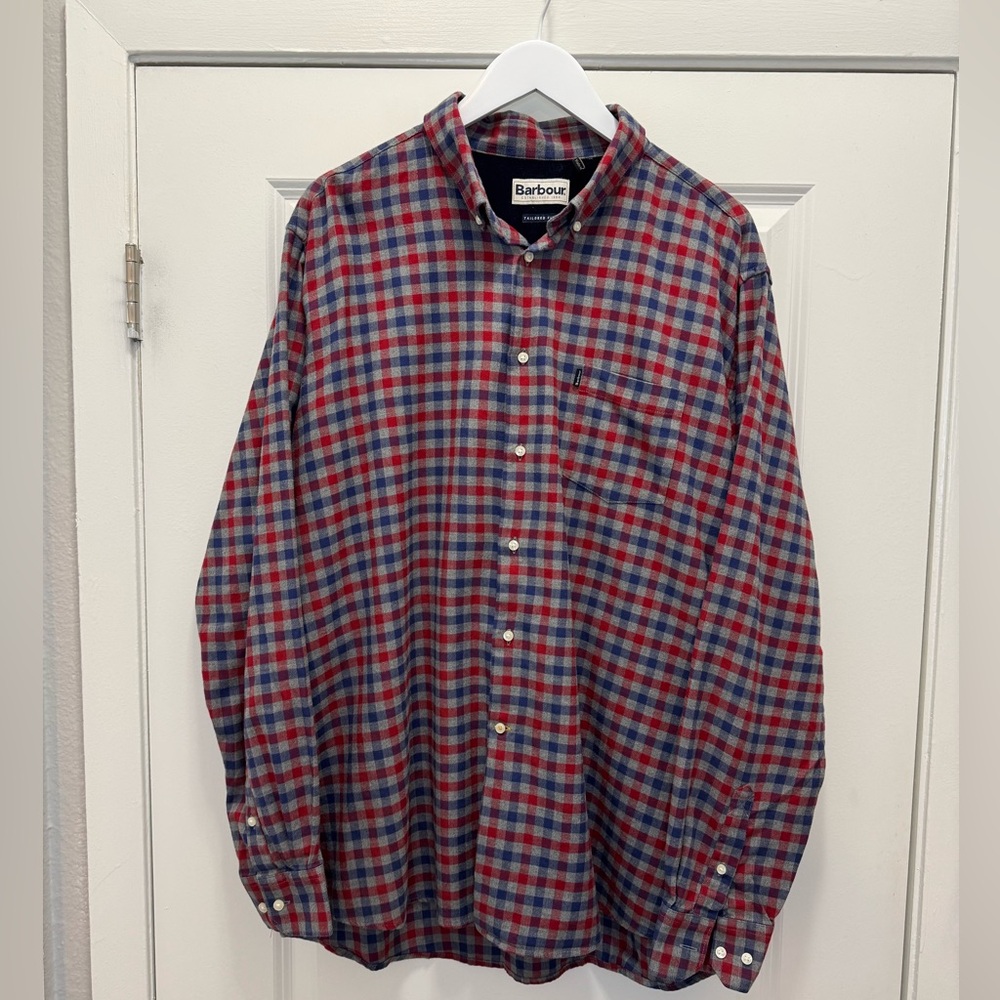 Barbour Stapleton Shirt  Red Blue Plaid Tailored Fit